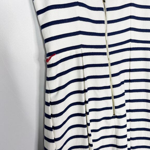 Eliza J 2 Navy Blue White Striped Fit and Flare Dress Pleated Keyhole Pockets - Picture 10 of 14